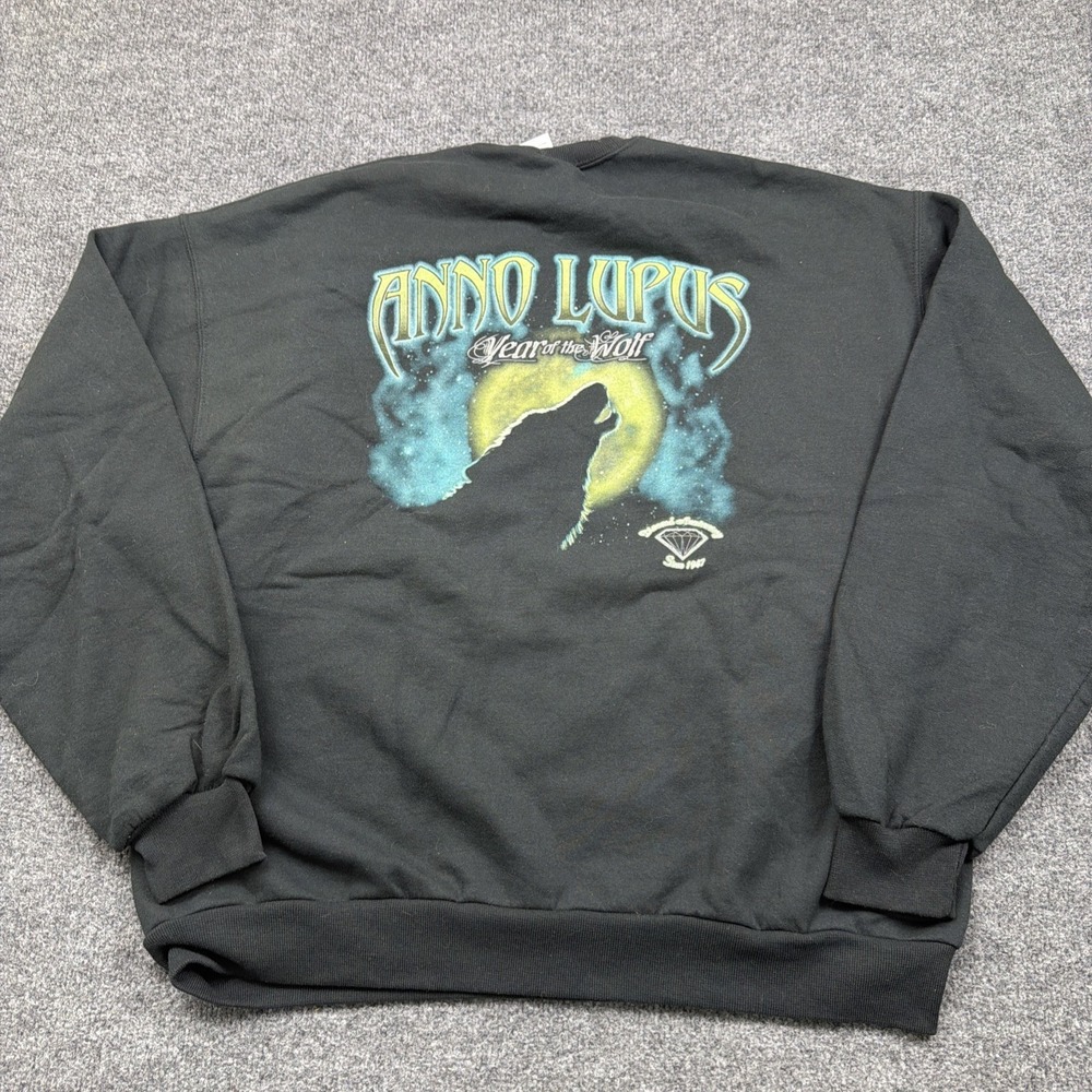 VINTAGE Mens Large Anno Lupus Sweatshirt Black Wolf's Bus Lines Graphic Wolves